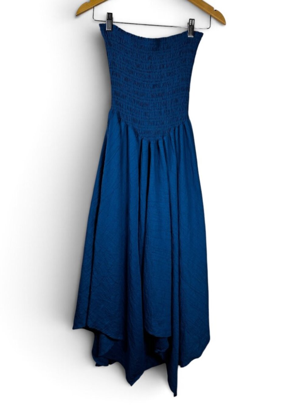 MAX+ASH Cobalt Blue Strapless Smocked Handkerchief Hem Midi Dress – Size L